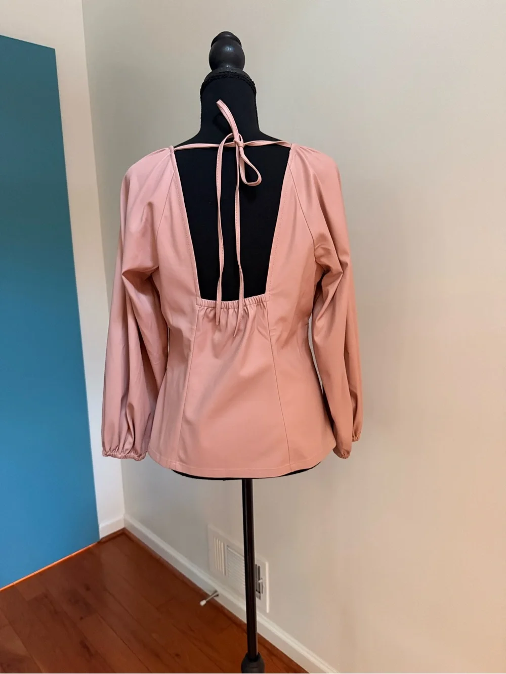 J Crew Puff Sleeve Open Back Faux Leather  top Sz 4 (runs small per website)